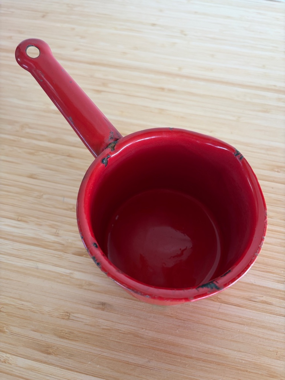 Vintage Red Enamelware Saucepan / Small Pot Rustic w/Spout Farmhouse